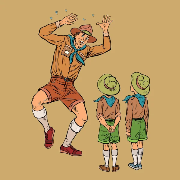 O scoutmaster tem medo de insetos —  Vetores de Stock