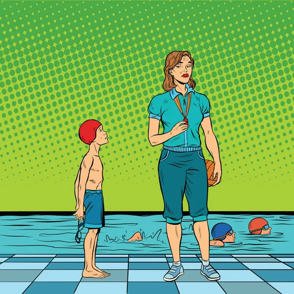 Γυναίκα κολύμβησης προπονητής αγανακτισμένων φοιτητών — Διανυσματικό Αρχείο