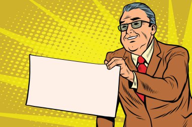 Kağıt boş bir levha ile patron iş adamı