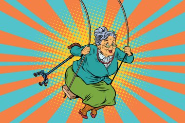 Old woman swinging on a baby swing clipart
