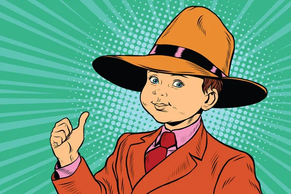 Великий палець хлопчика у великому капелюсі — стоковий вектор