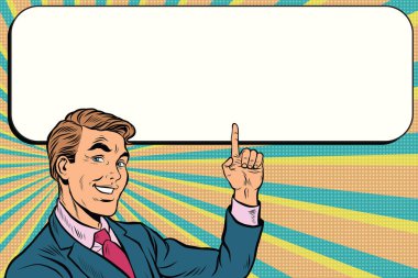 Businessman points up to copy space background clipart