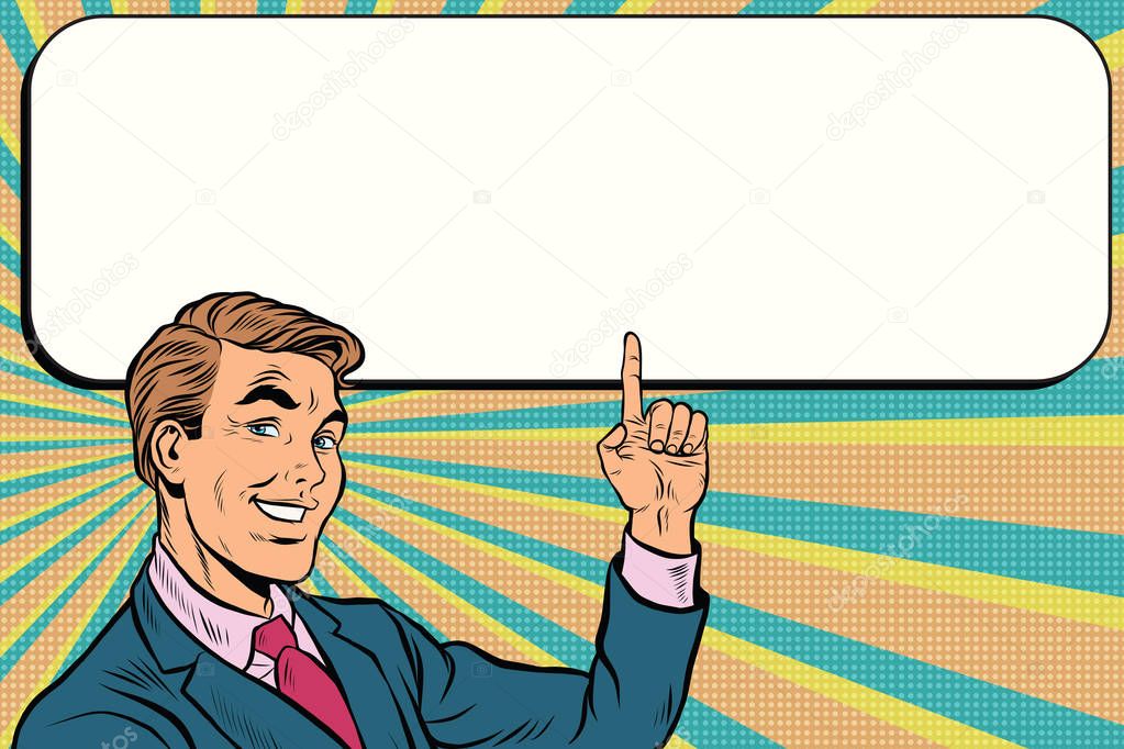 Businessman points up to copy space background