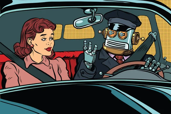 Vintage rétro robot pilote automatique voiture, femme passager en v sans pilote — Image vectorielle