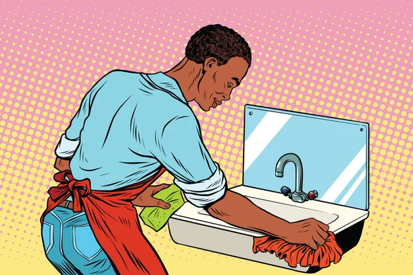 Уборка дома моет кухонные раковины, работает человек — стоковый вектор