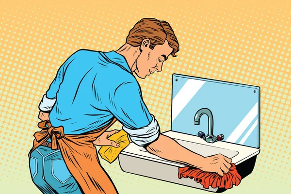 Прибирання будинку миття кухонних мийок, чоловік працює — стоковий вектор