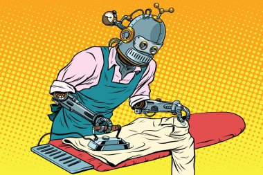 Vintage robot çalışan ütülenmiş kıyafetler