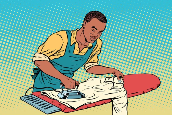 Вінтажний працівник прасував одяг — стоковий вектор