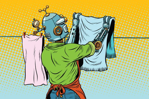 Vintage robot employee hangs up to dry clothes — Stock Vector