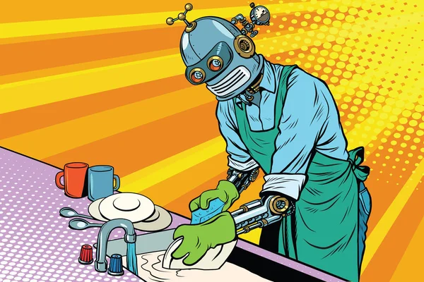 Vintage worker robot washes dishes — Stock Vector