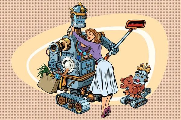 Vintage familia retro, papá robot esposa e hijo — Vector de stock