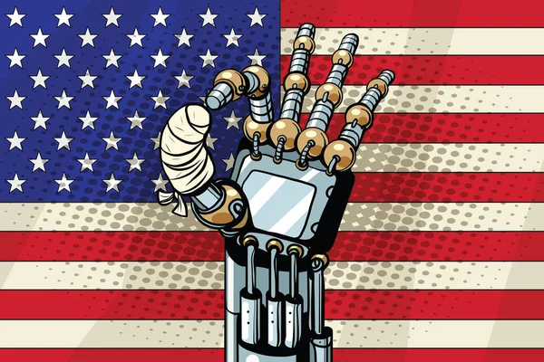 Robot OK gesto, la bandiera americana. Dito fasciato rotto — Vettoriale Stock