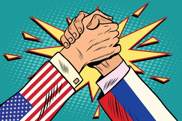 USA vs Russia Arm wrestling fight confrontation — Stock Vector