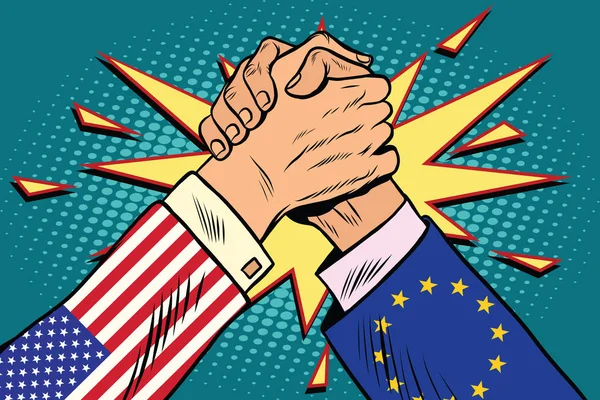 USA vs EU Arm wrestling fight confrontation — Stock Vector