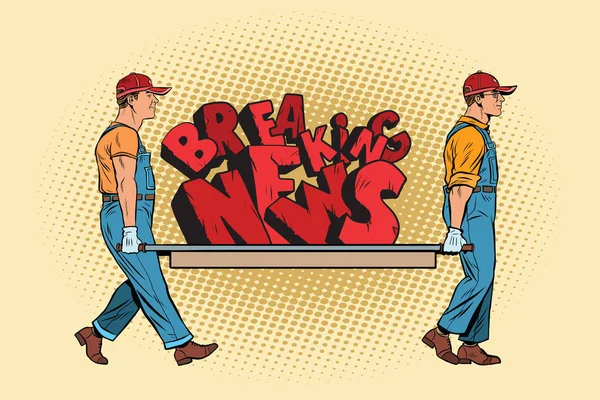 Breaking Nieuws werknemers dragen op een brancard — Stockvector