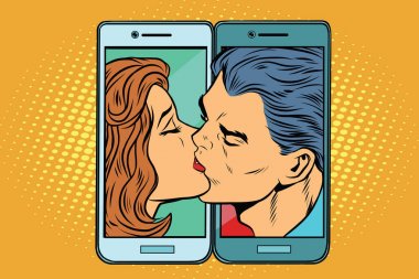 Retro erkek ve kadın bir akıllı telefon öpüşme