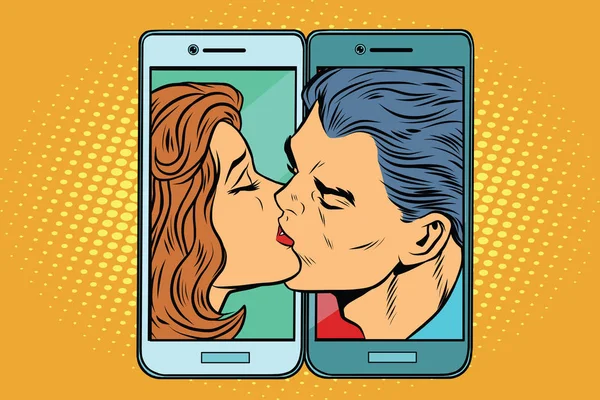 Homme et femme rétro s'embrassant à travers un smartphone — Image vectorielle