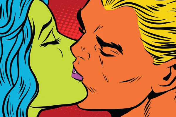 Kadın uzaylı ve erkek mutant öpücük aşk Çift — Stok Vektör