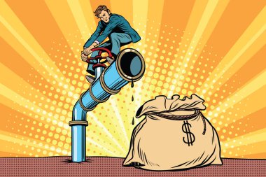 İşadamı dokunun petrol boru, bir çanta dolusu para kapatır