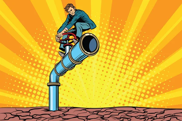 Water pipe during a drought, retro businessman on the tube — Stock Illustration Water pipe during a drought, retro businessman on the tube Stock Illustration