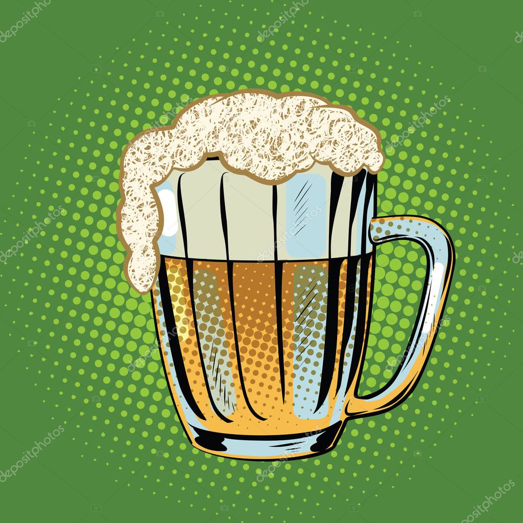 Full beer mug with foam. Pop art retro comic book vector illustration. Oktoberfest restaurant