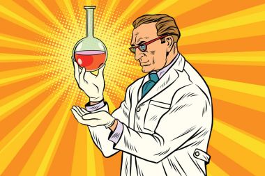 Bilim adamı kimyager laboratuvar şişesi analiz eder.