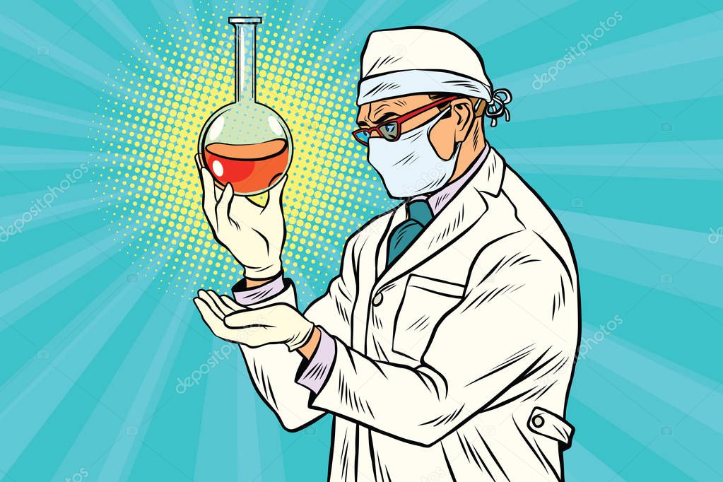 Scientist in mask analyzes laboratory flask with liquid