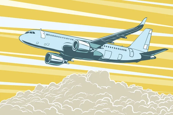 Trasporto aereo, aerei passeggeri che volano sopra le nuvole — Vettoriale Stock