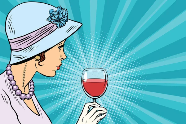 Ретро леди с бокалом вина — стоковый вектор