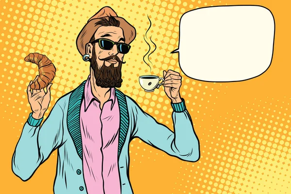 Hipster met koffie en croissant — Stockvector