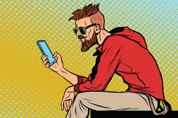 Der Hipster schaut aufs Smartphone — Stockvektor