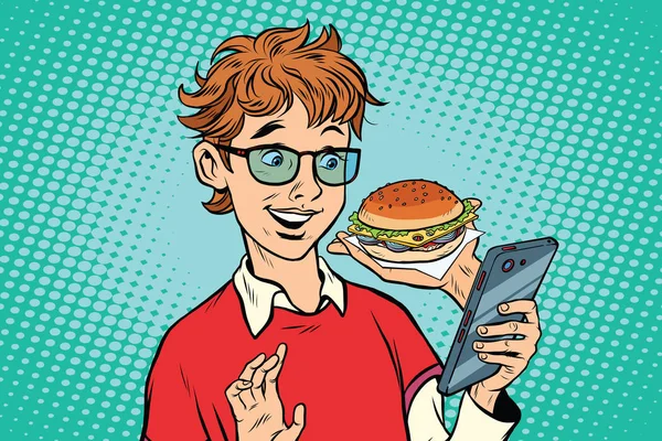 Entrega de comida on-line, um adolescente usa um aplicativo de smartphone — Vetor de Stock