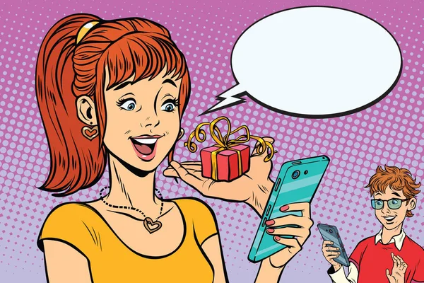 Подростки мальчик и девочка онлайн подарок через смартфон — стоковый вектор