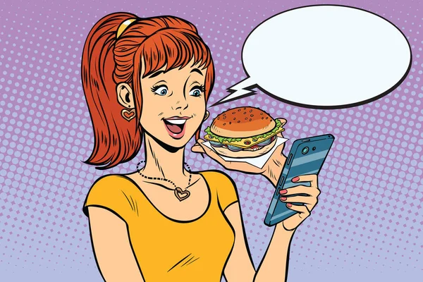Meisje tiener online bestellen de Hamburger fastfood — Stockvector