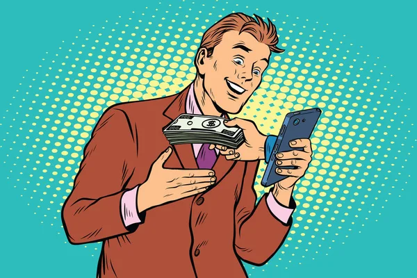 Электронная коммерция онлайн оплаты, бизнесмен и смартфон — стоковый вектор
