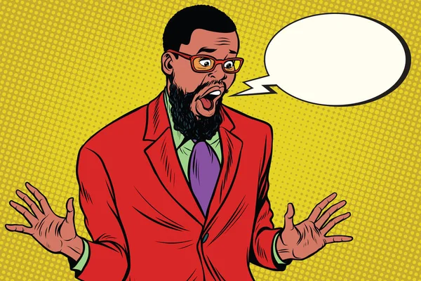 Schockierter Hipster bärtiger afrikanisch-amerikanischer Geschäftsmann sagt Comic — Stockvektor