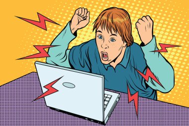 Kızgın genç bilgisayar laptop oturma