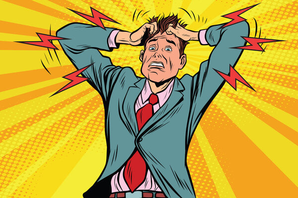 businessman panic head hand, illness and medicine