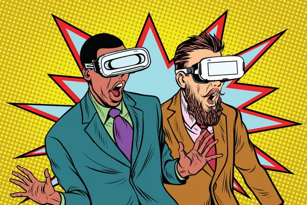 Двое мужчин в виртуальных очках испугались и закричали в панике — стоковый вектор