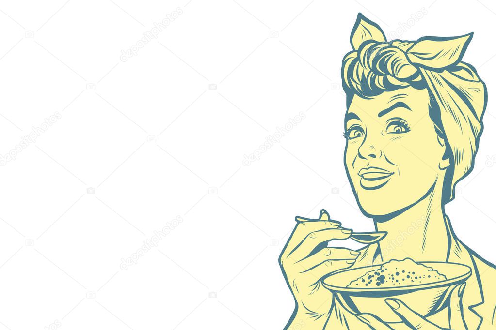 Retro woman with a bowl of cereal, isolated background