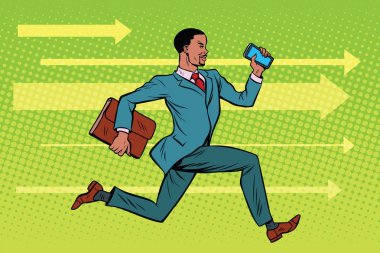 İşadamı ile hızlı ileri çalışan bir smartphone