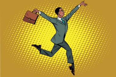 Tipt üzerinde çalışan evrak çantası ile zarif komik Afrika iş adamı