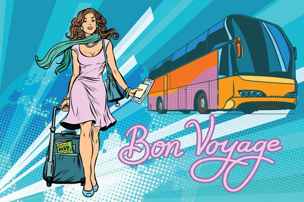 Schöne junge Frau Touristin Reisebus — Stockvektor