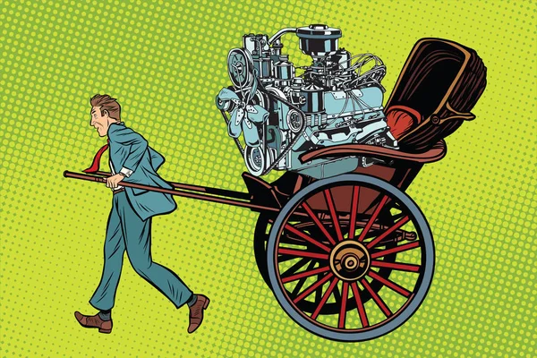Manual labor vs mechanical, rickshaw carries motor — Stock Vector