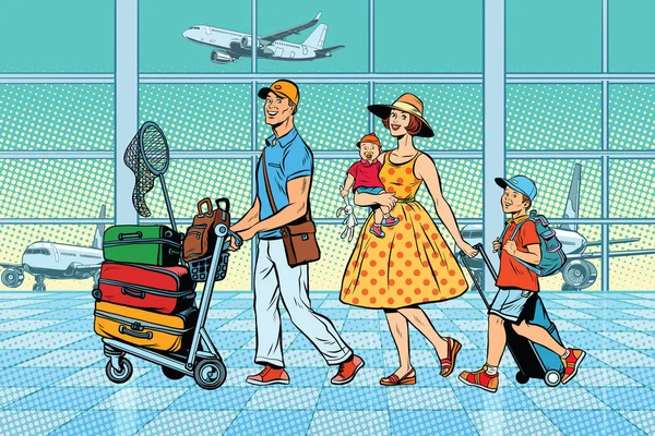 在机场的家庭旅行 — 图库矢量图片