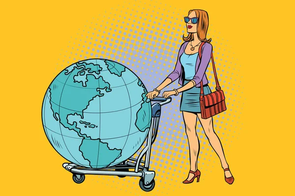 Turista donna con un carrello bagagli con il pianeta Terra — Vettoriale Stock