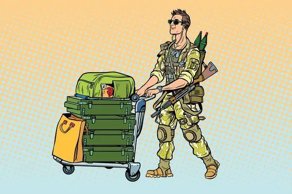 Militaire toerisme, de huurling met een Bagage — Stockvector