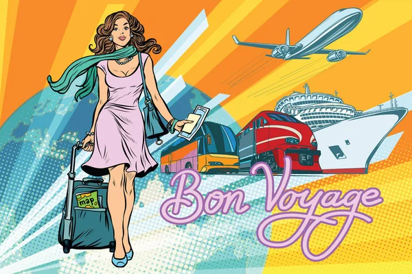 Güzel bir kadın yolcu turizm otobüs tren yolcu gemisi ve planı