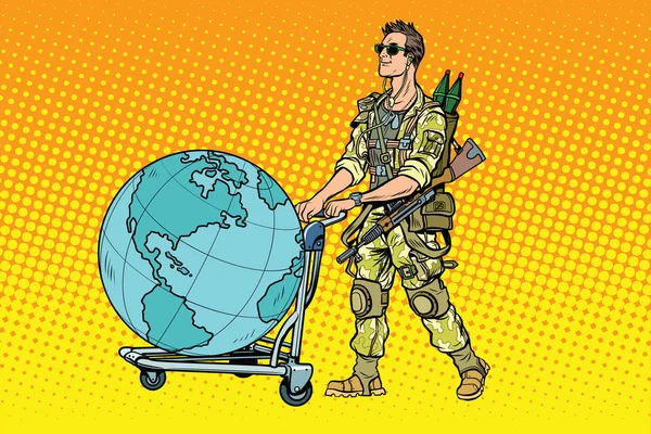 Militär turism, legosoldat med en vagn jorden — Stock vektor