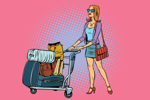 Mulher turista com carrinho de bagagem —  Vetores de Stock